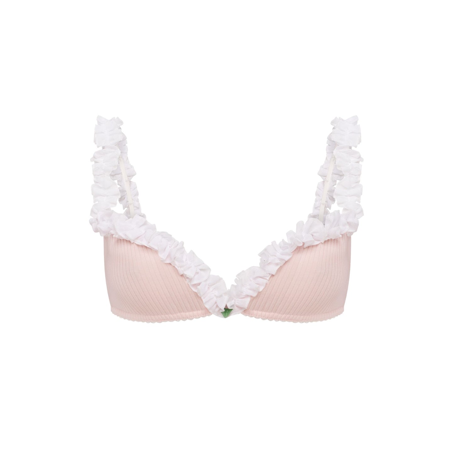 Pink ribbed bralette with white ruffle trim and small multicolor leaf detail at center