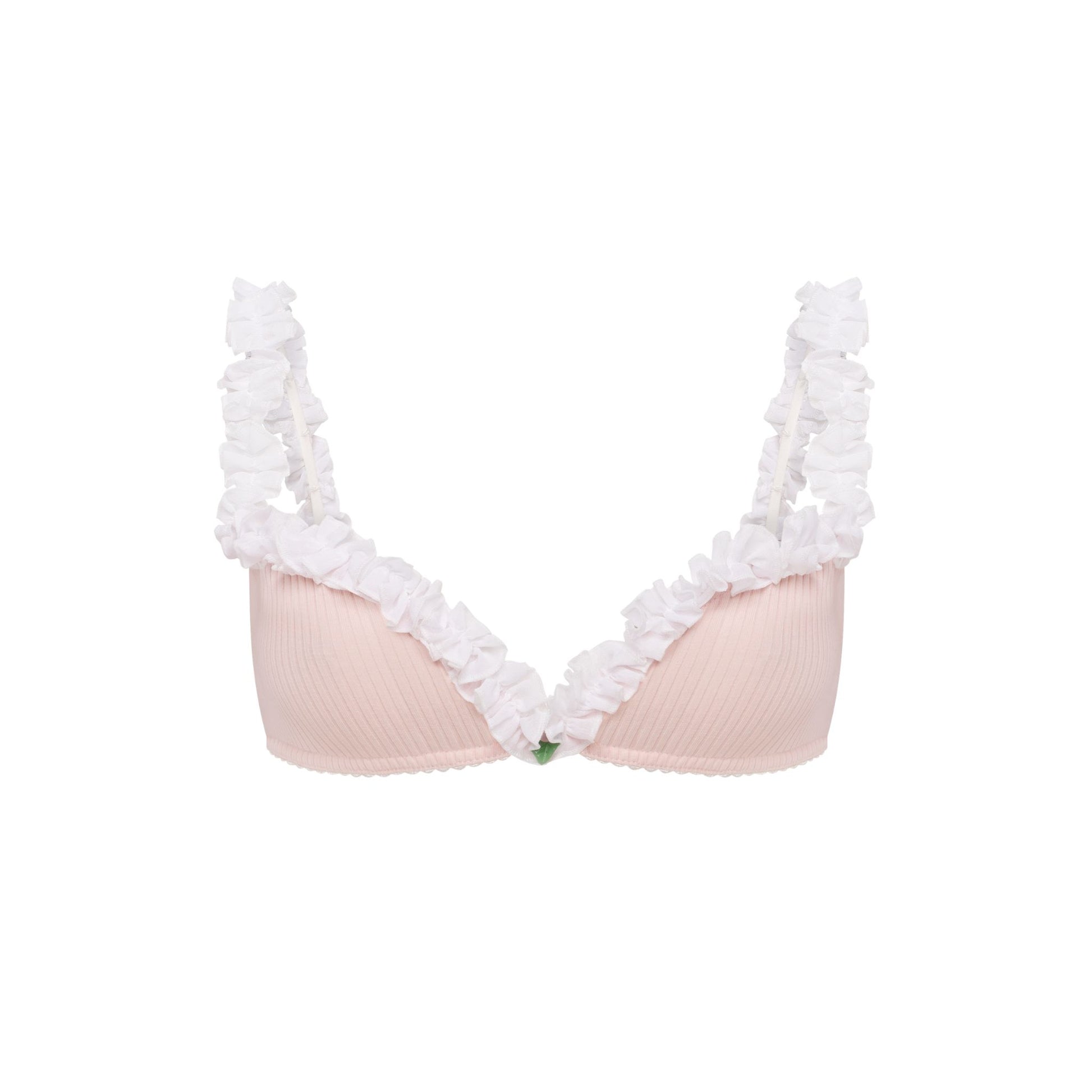 Pink ribbed bralette with white ruffle trim and small multicolor leaf detail at center