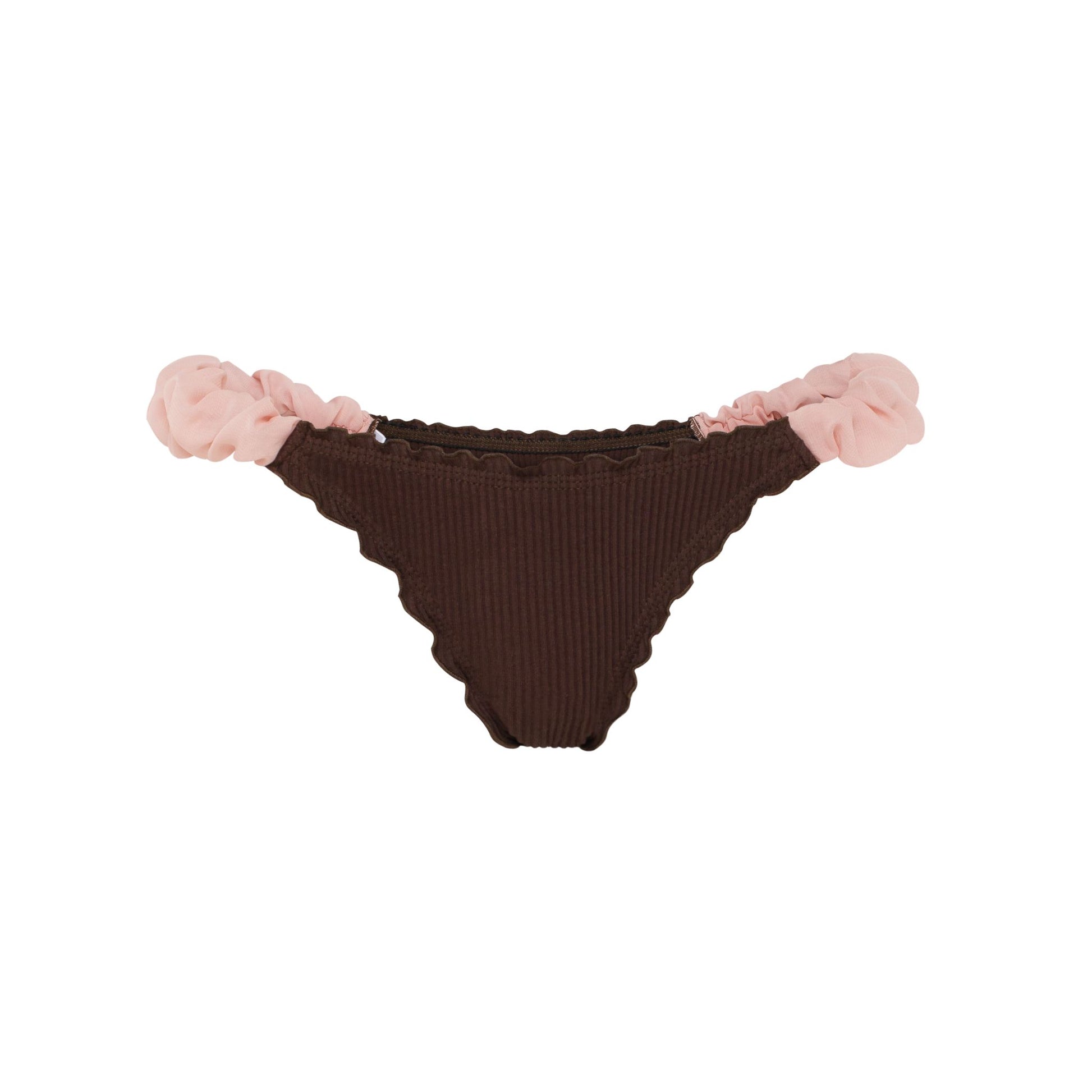 Brown ribbed thong with pink frill trim at waistband and leg openings