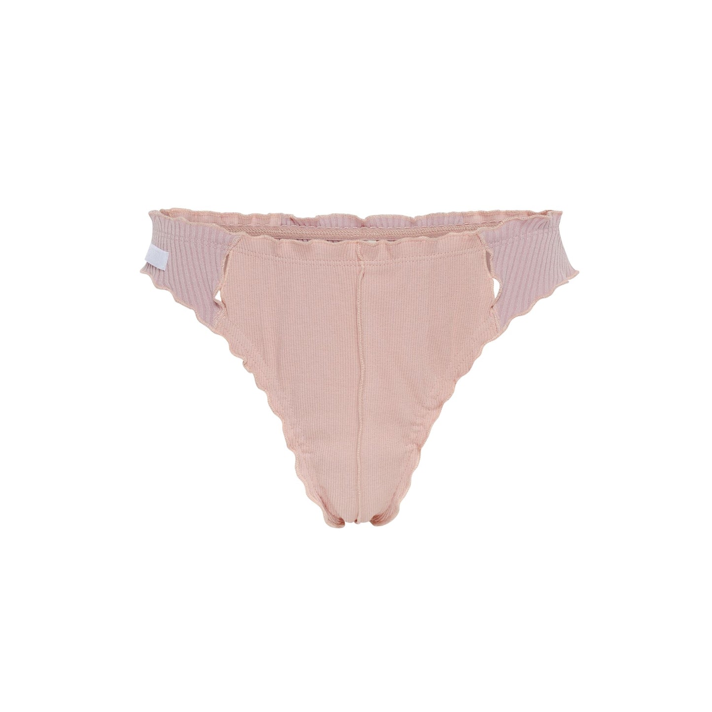 Pink ribbed thong with scalloped ruffle edges and seamless front seam