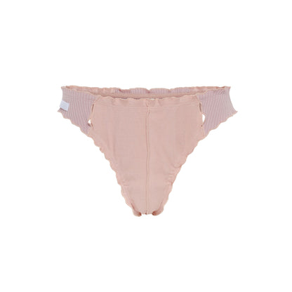 Pink ribbed thong with scalloped ruffle edges and seamless front seam