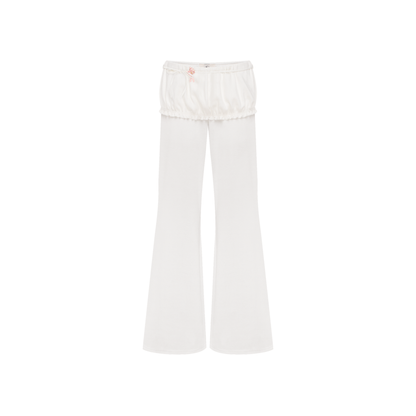 White wide-leg pants with gathered elastic waistband