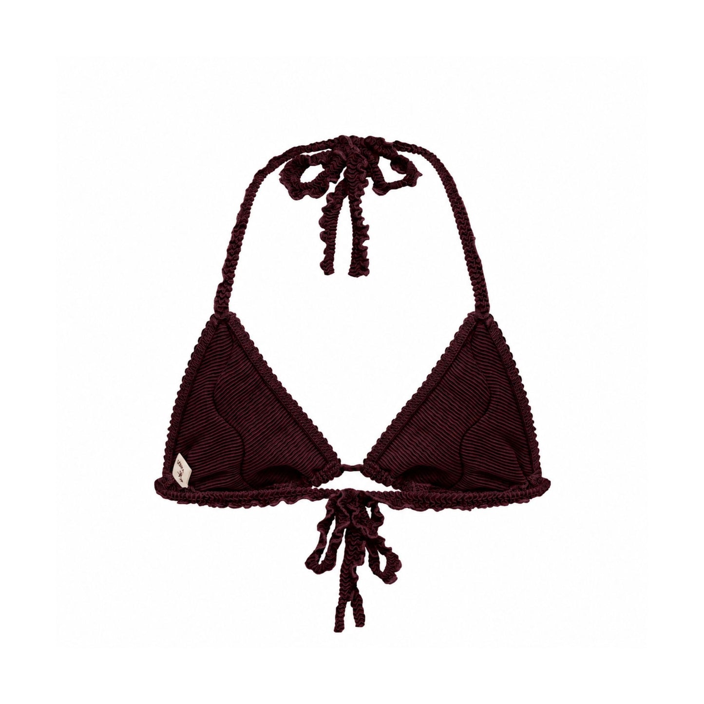 Brown bikini top with triangle cups, ruffled trim, and string tie at center.