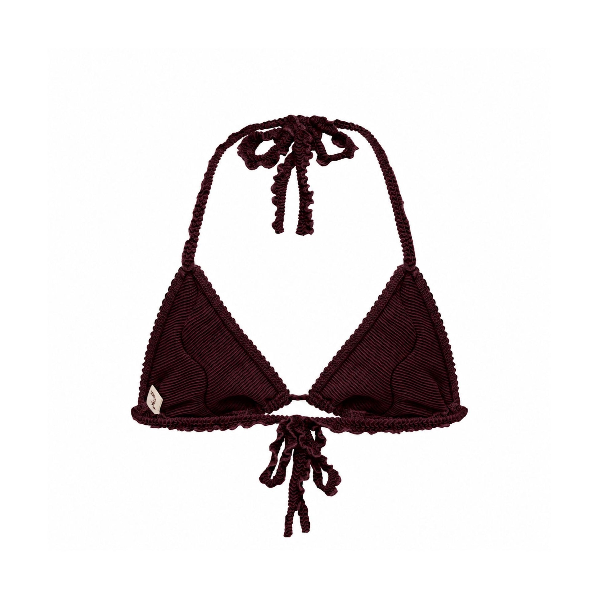 Brown bikini top with triangle cups, ruffled trim, and string tie at center.