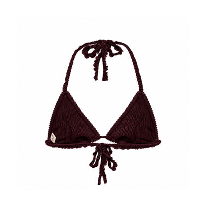 Brown bikini top with triangle cups, ruffled trim, and string tie at center.