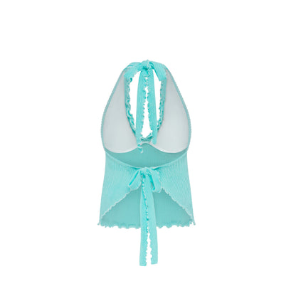 Mint tankini top with neck tie and center bow, ruffled hem