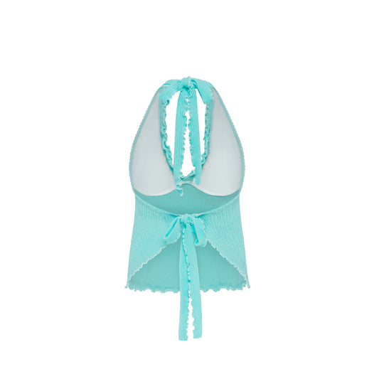 Mint tankini top with neck tie and center bow, ruffled hem
