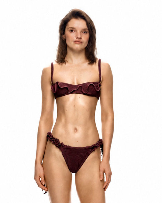 Bikini top with scalloped wave edge and thin shoulder straps, dark burgundy