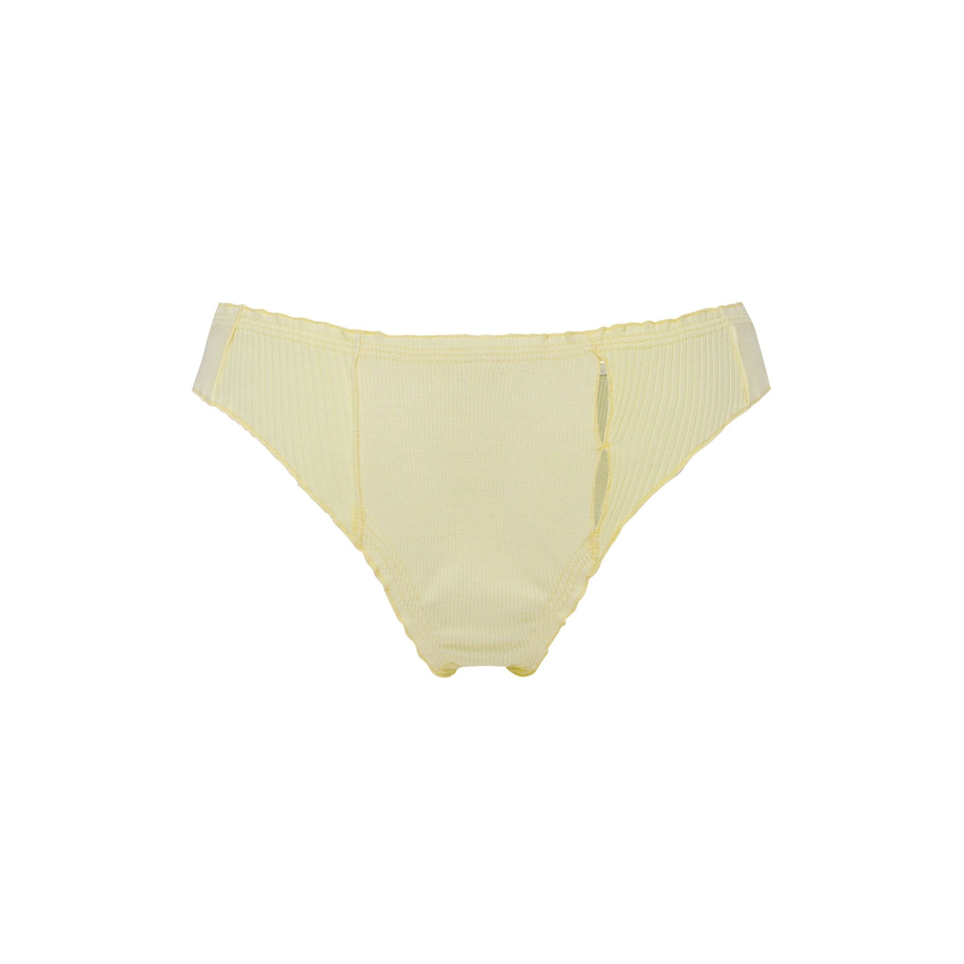 Yellow tanga underwear with wide waistband and scalloped leg openings