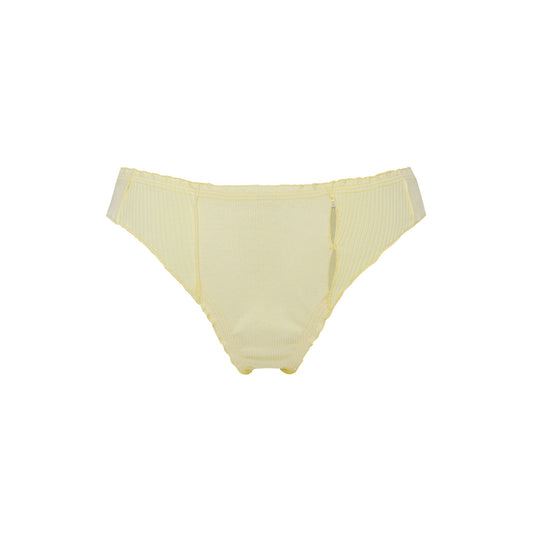 Yellow tanga underwear with wide waistband and scalloped leg openings