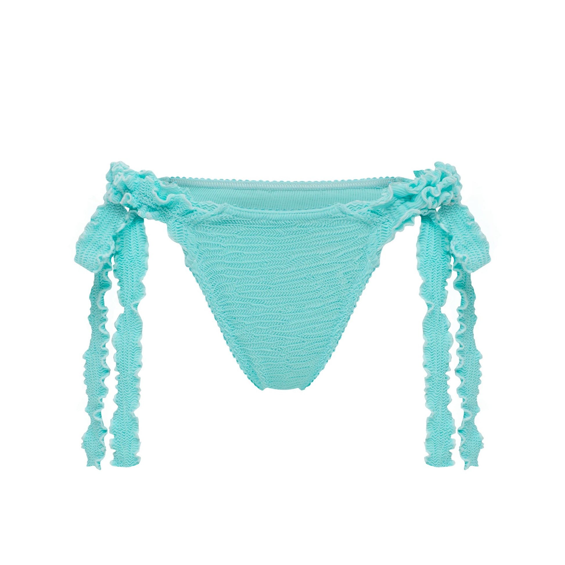 Mint bikini tanga bottoms with lace trim and long tie strings