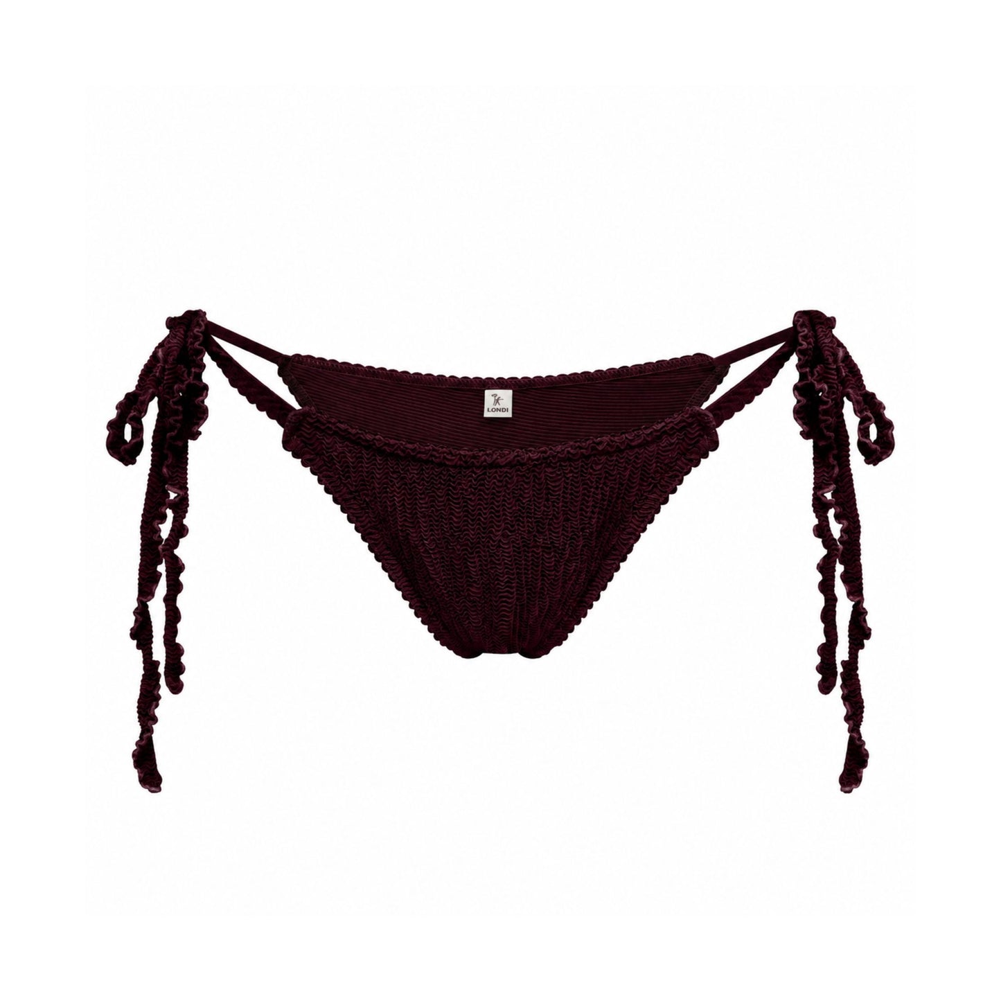 Bikini bottoms with side ties, dark burgundy knit triangle-cut