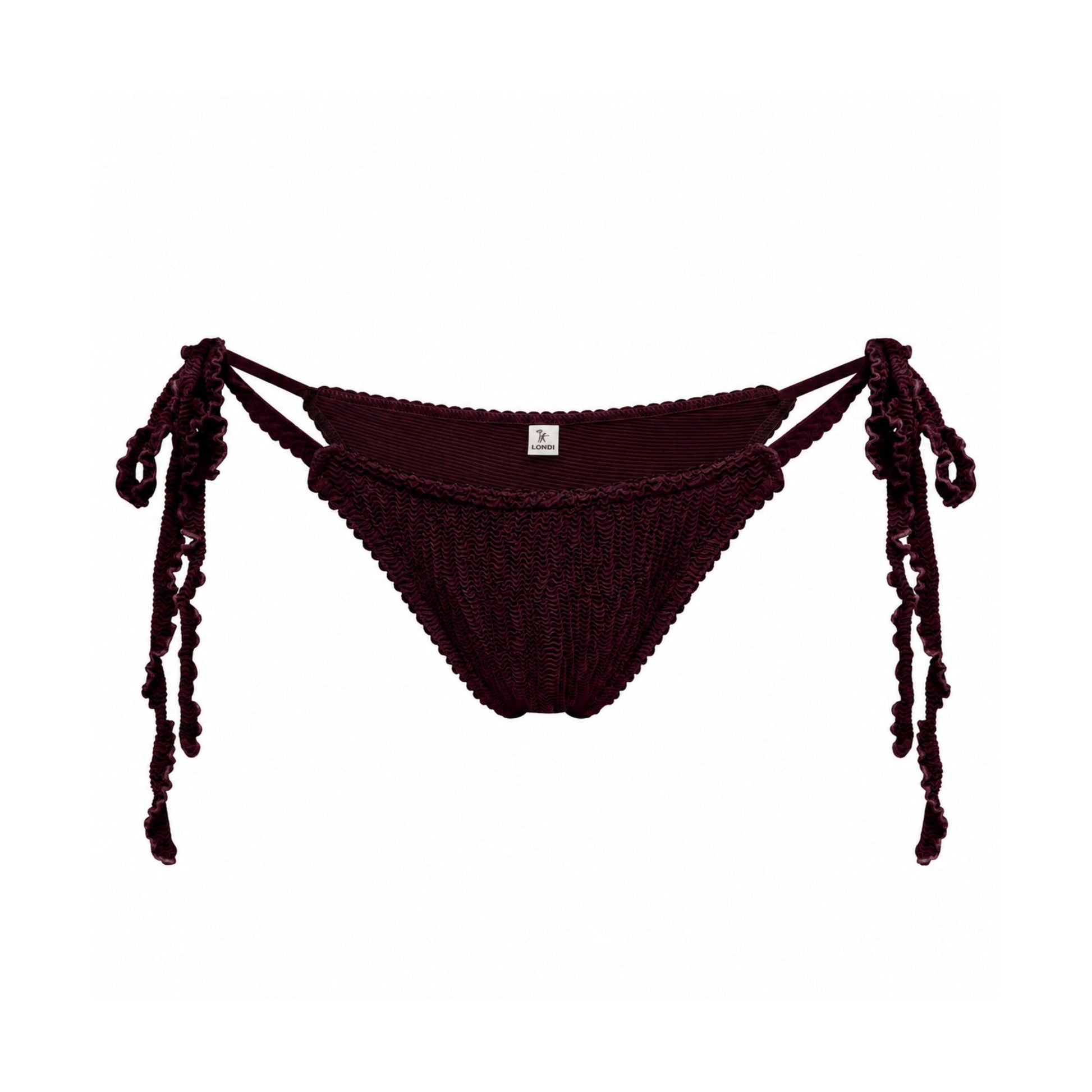 Bikini bottoms with side ties, dark burgundy knit triangle-cut