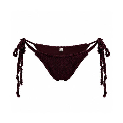 Bikini bottoms with side ties, dark burgundy knit triangle-cut