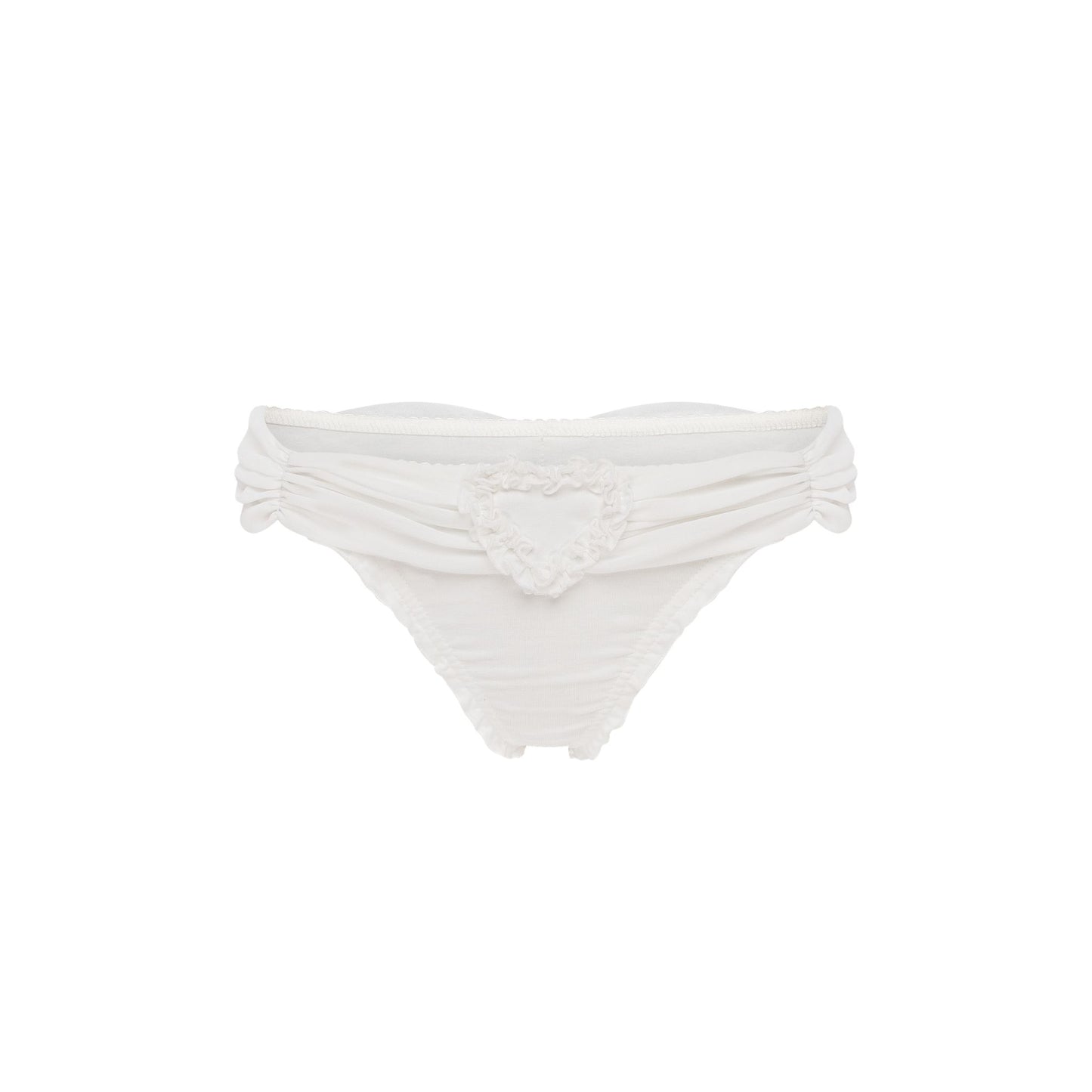 White ruffle-trim thong with heart appliqué at center back