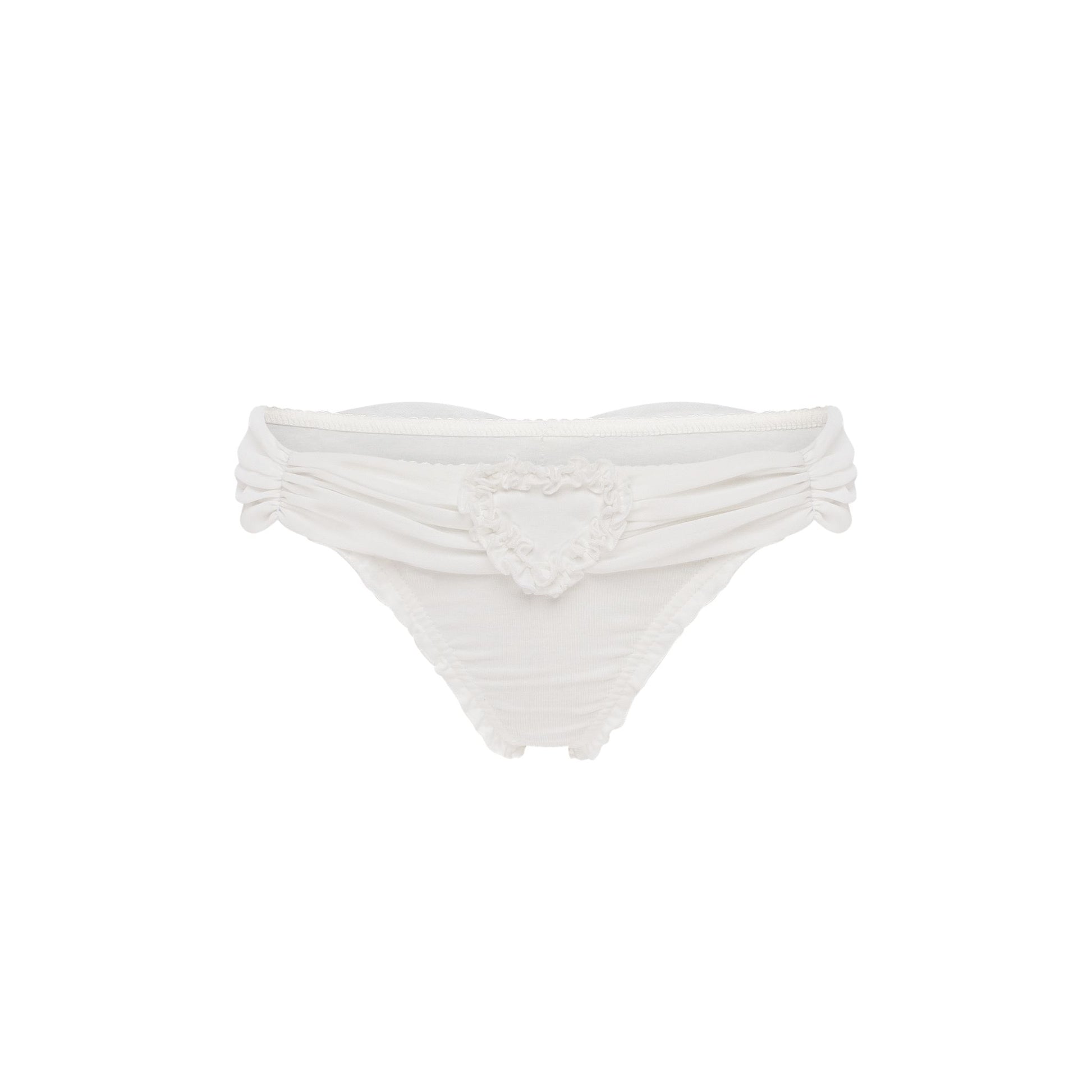 White ruffle-trim thong with heart appliqué at center back