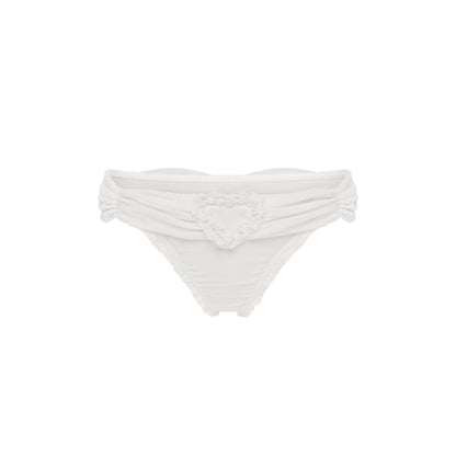 White ruffle-trim thong with heart appliqué at center back
