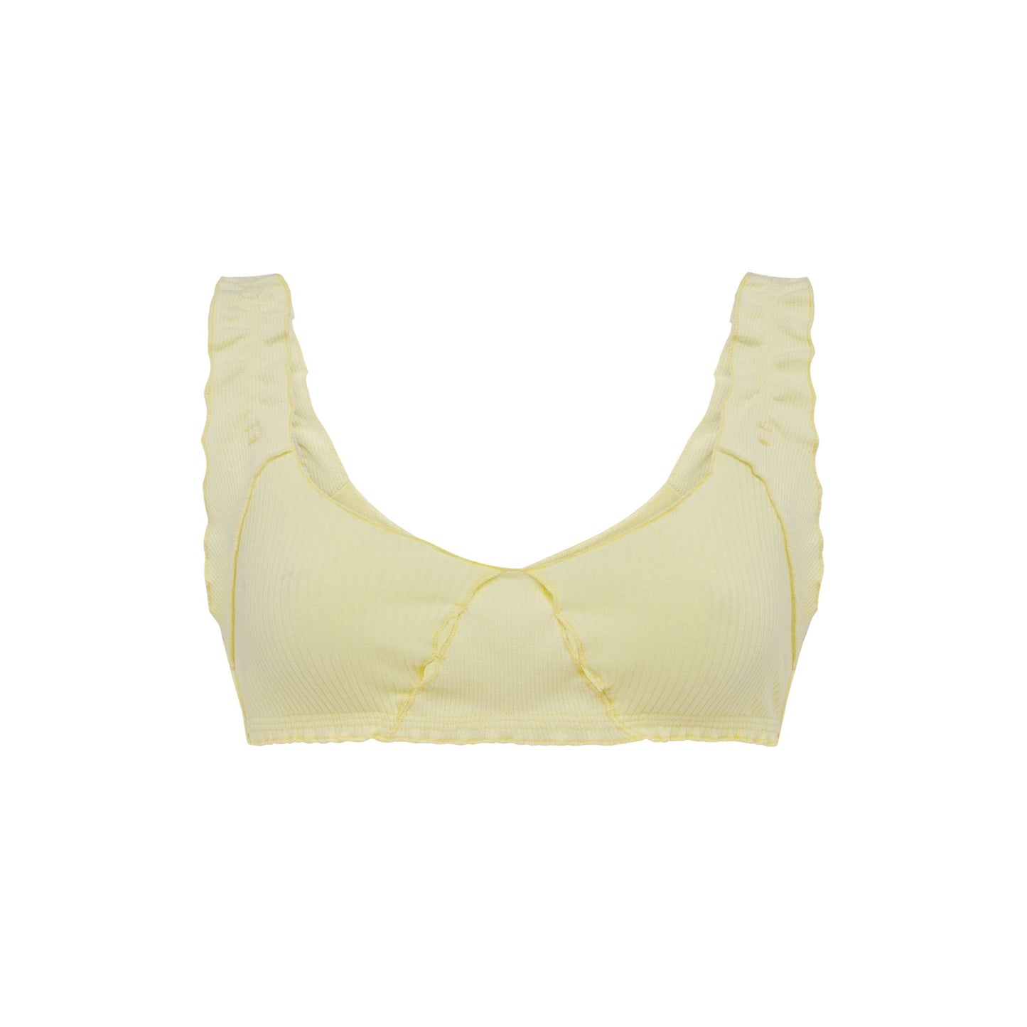 Yellow ribbed bralette with ruffled straps and scalloped sweetheart neckline