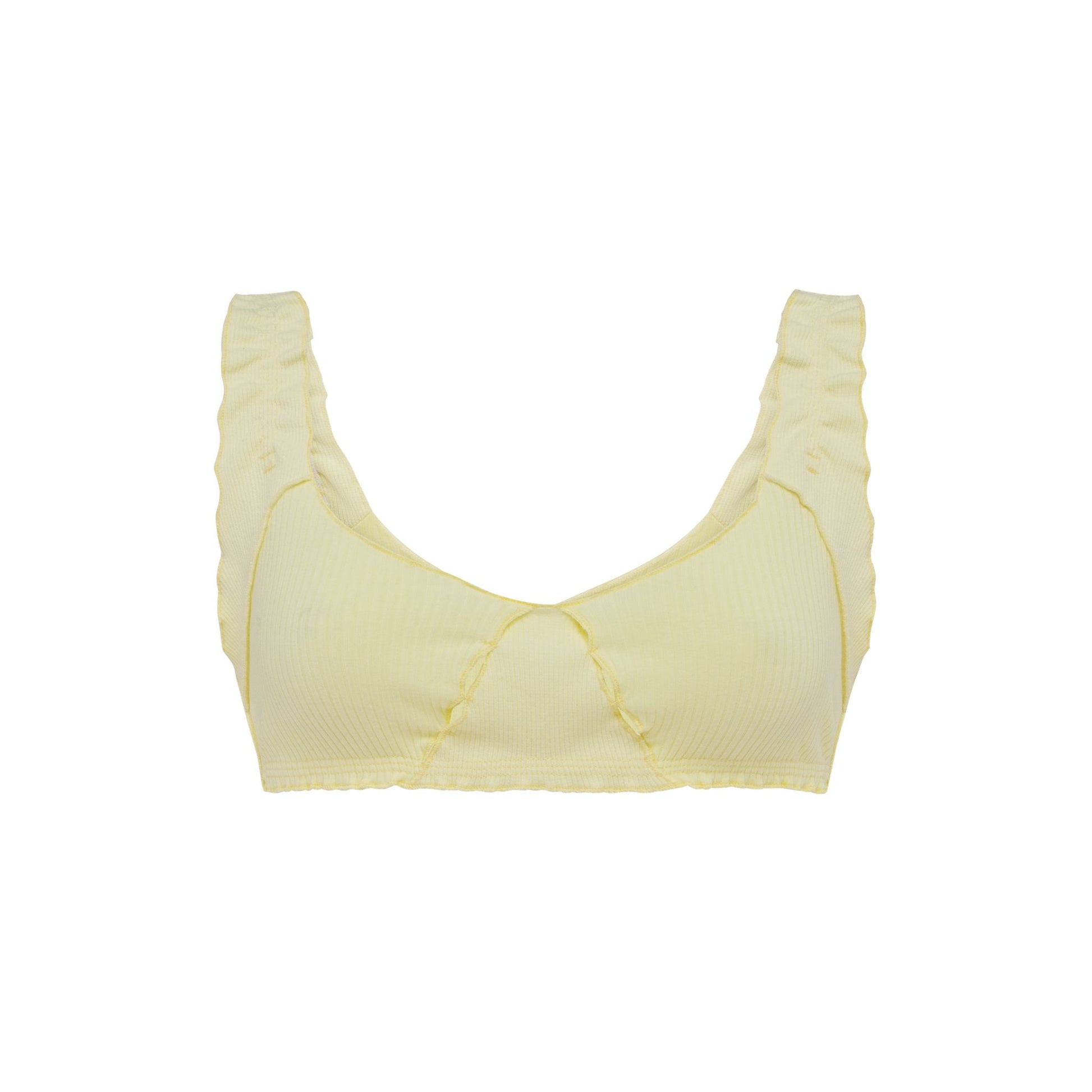 Yellow ribbed bralette with ruffled straps and scalloped sweetheart neckline