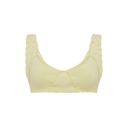 Yellow ribbed bralette with ruffled straps and scalloped sweetheart neckline