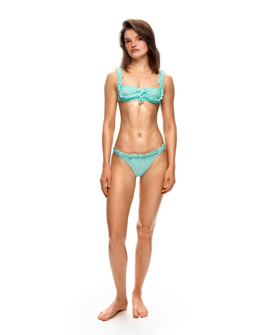 Mint ruffle bikini top with bow detail and textured underband