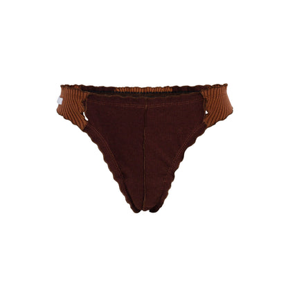 Ribbed brown thong underwear with wide waistband and center seam