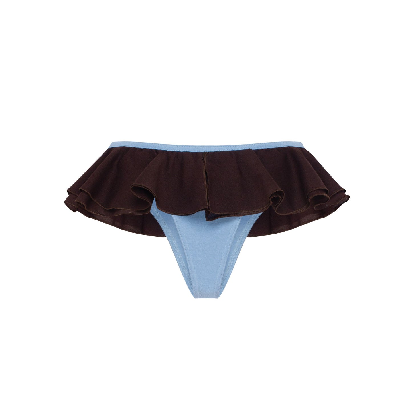 Blue-and-brown frilled tanga with layered ruffles and center seam