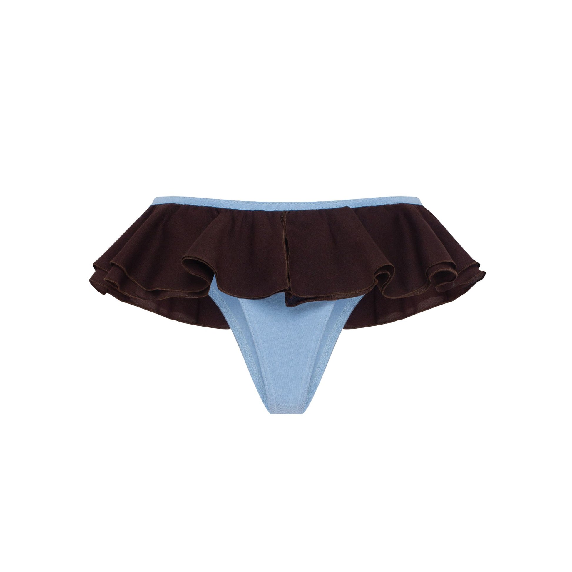 Blue-and-brown frilled tanga with layered ruffles and center seam