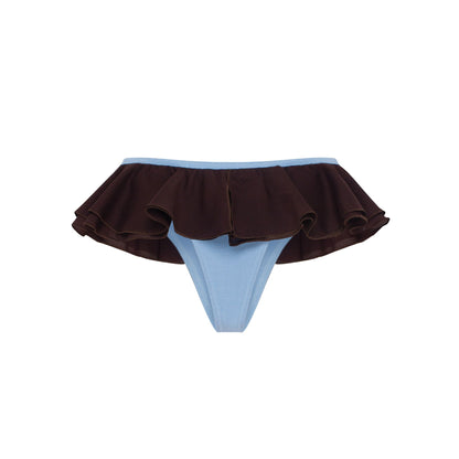 Blue-and-brown frilled tanga with layered ruffles and center seam