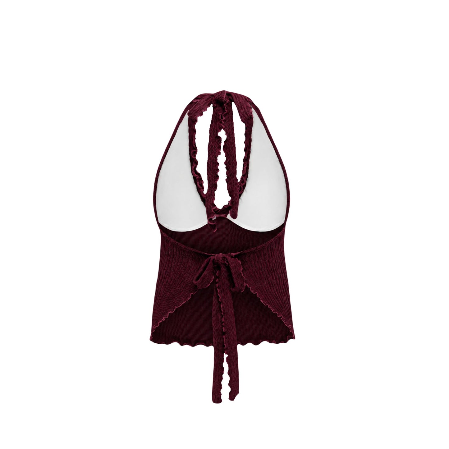 Burgundy tankini top with halter ties and bow at back