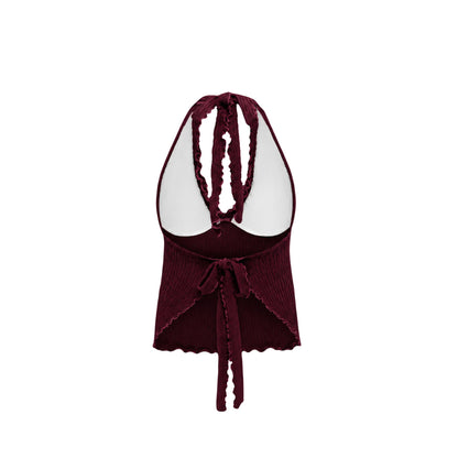 Burgundy tankini top with halter ties and bow at back