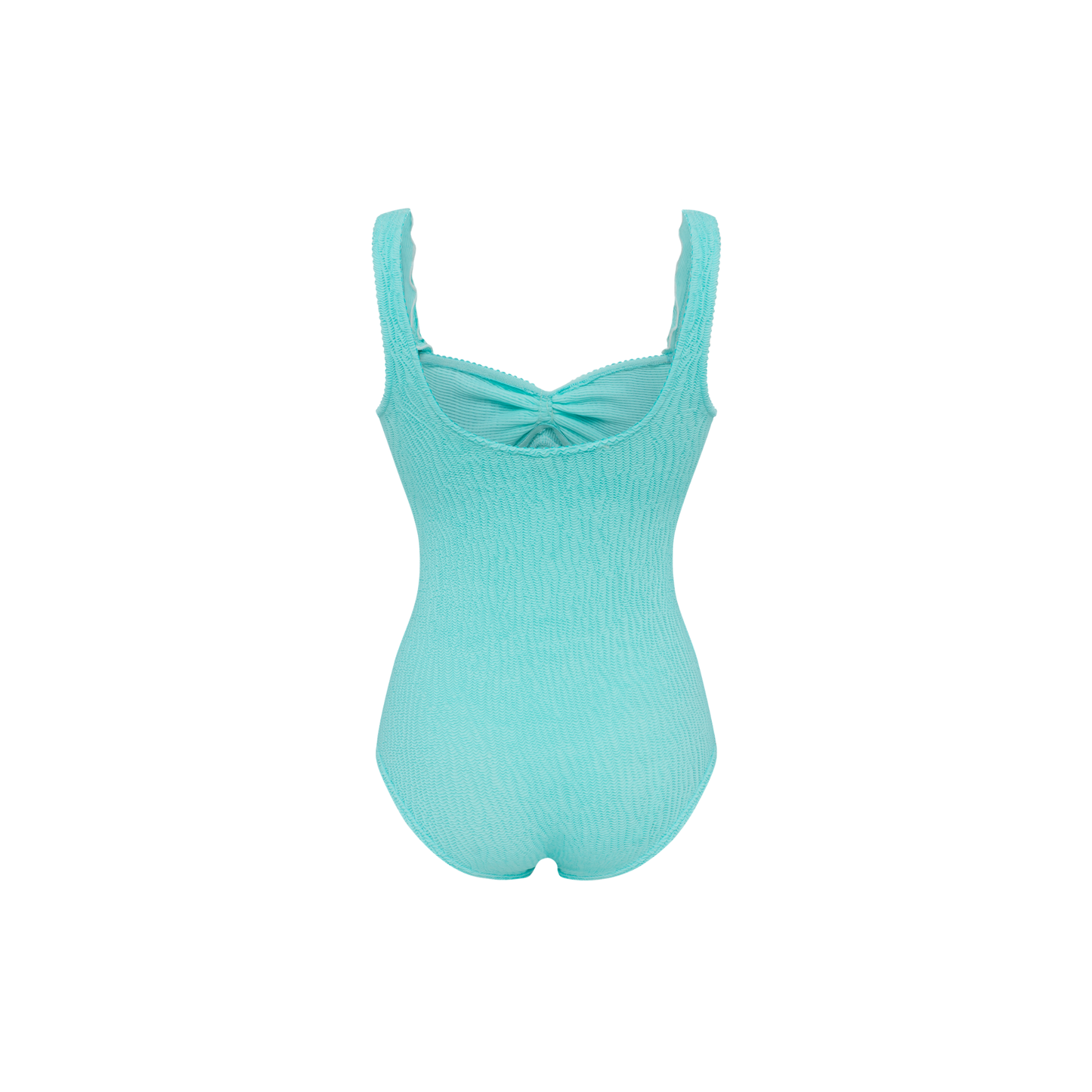 Mint one-piece swimsuit with wave ruffle trim and center tie