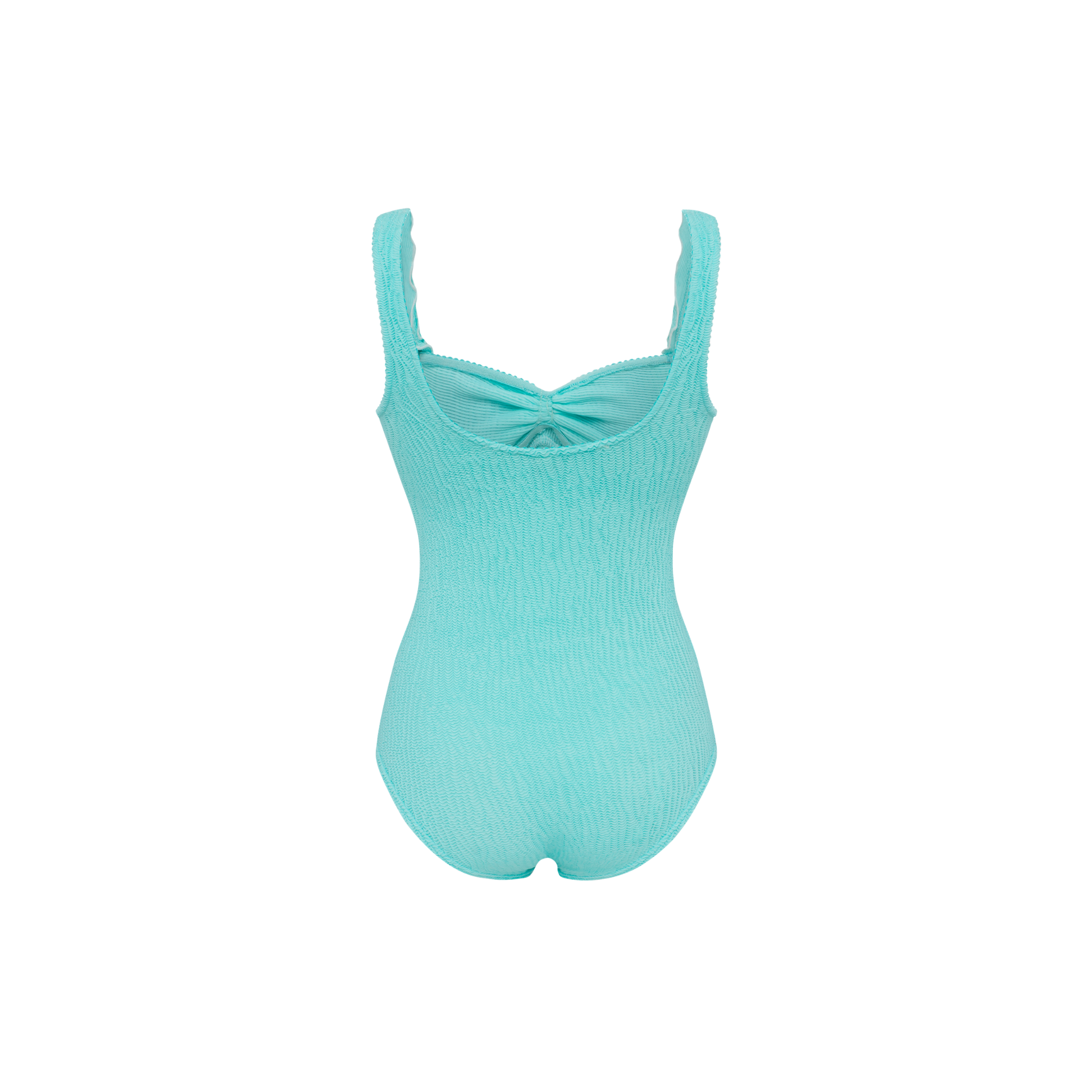 Mint one-piece swimsuit with wave ruffle trim and center tie