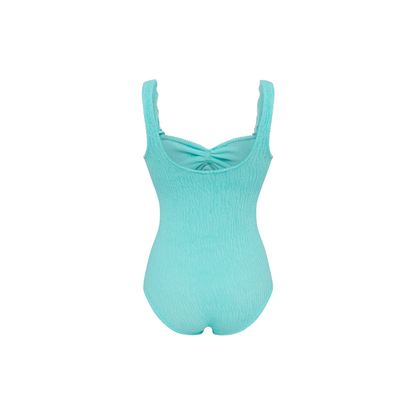 Mint one-piece swimsuit with wave ruffle trim and center tie