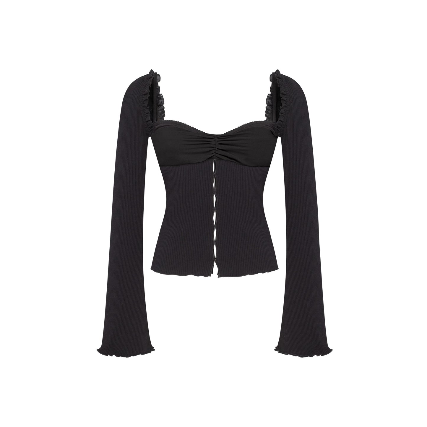 Black draped-neck top with ribbed long sleeves and ruched bust