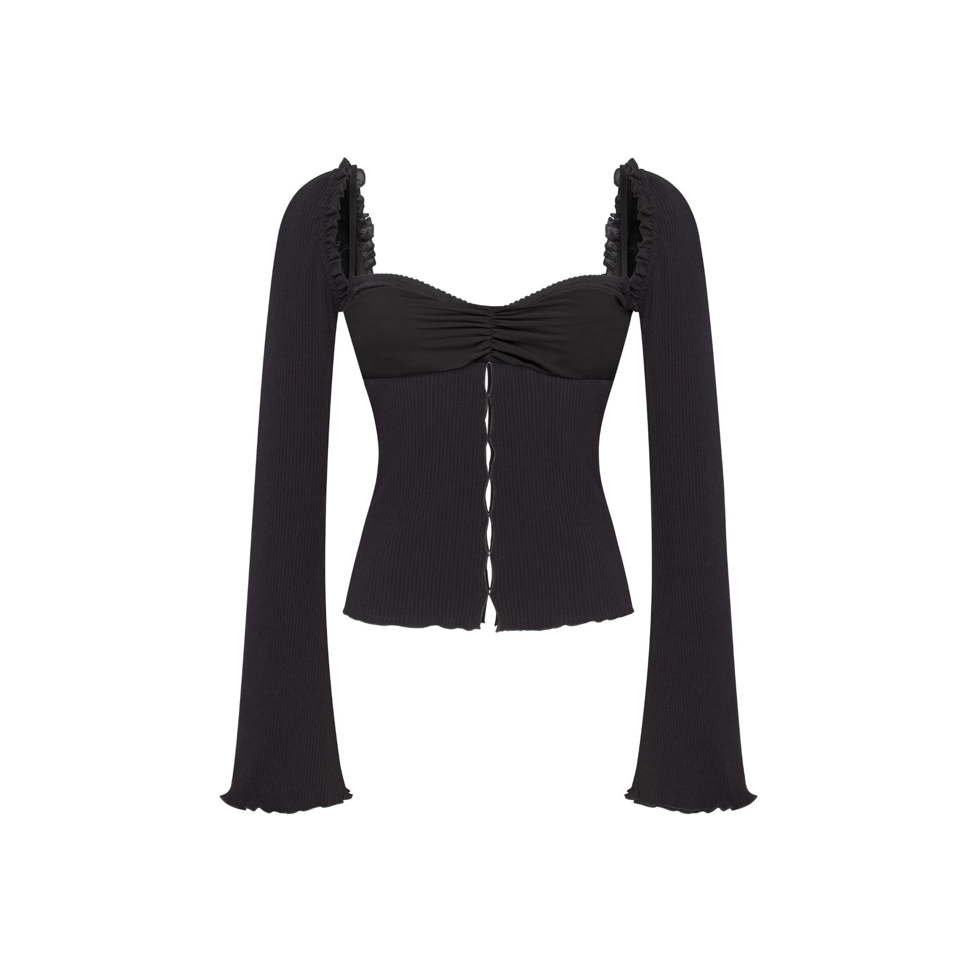 Black draped-neck top with ribbed long sleeves and ruched bust