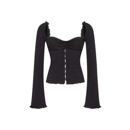 Black draped-neck top with ribbed long sleeves and ruched bust