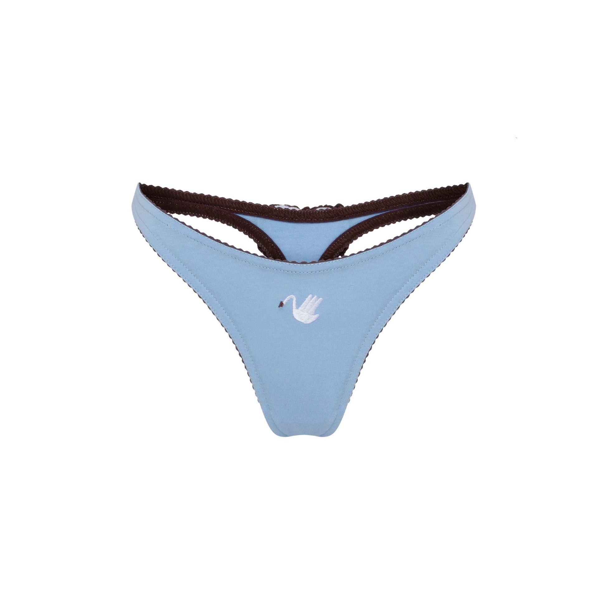 Blue thong with swan patch and dark scalloped trim at waist and leg openings