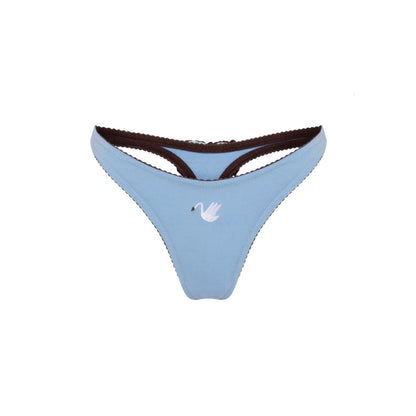 Blue thong with swan patch and dark scalloped trim at waist and leg openings