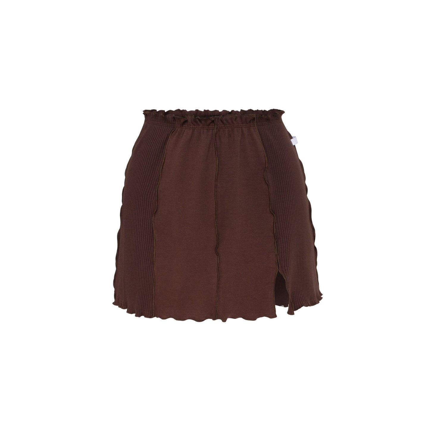 Brown wavy mini skirt with elastic waistband and scalloped hem