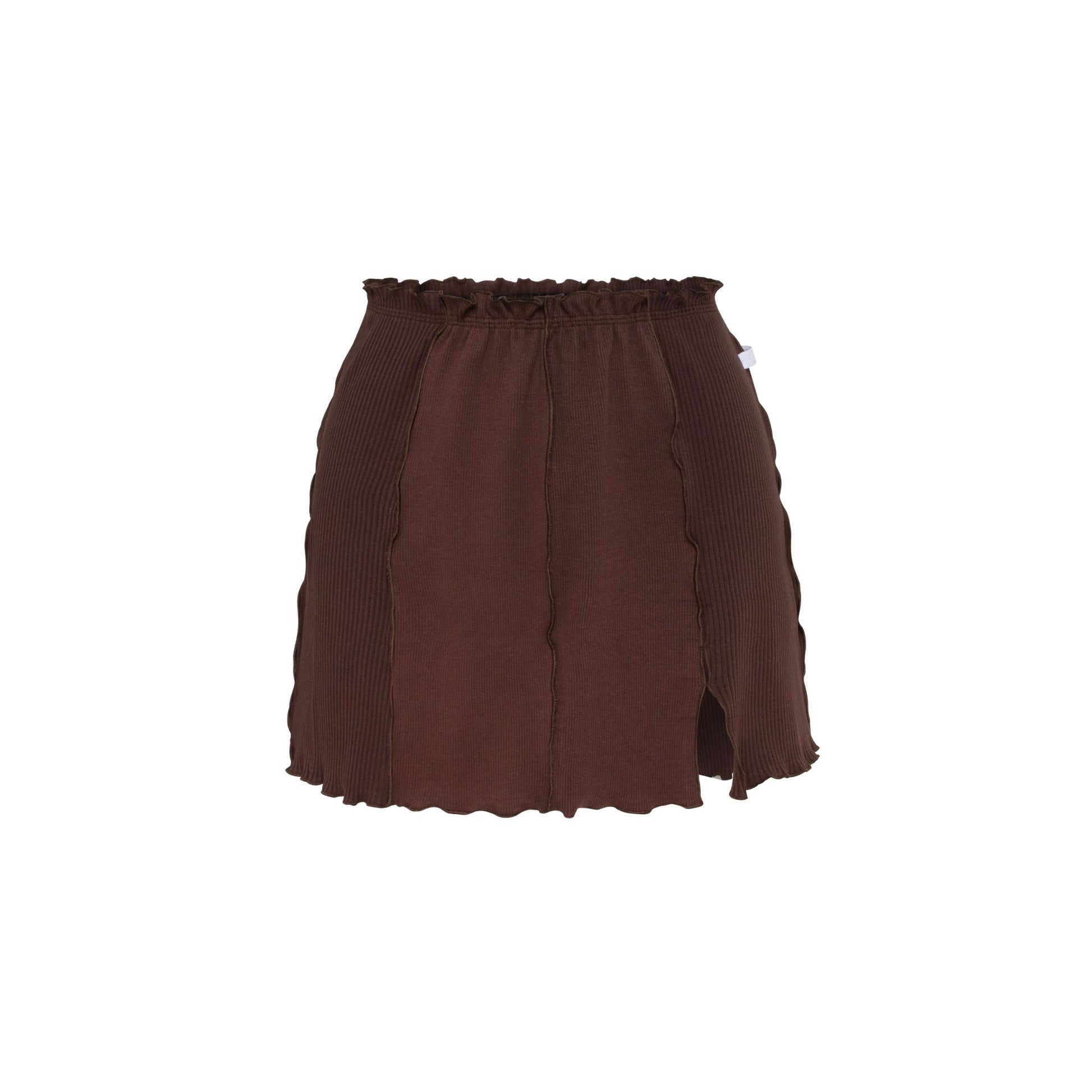 Brown wavy mini skirt with elastic waistband and scalloped hem