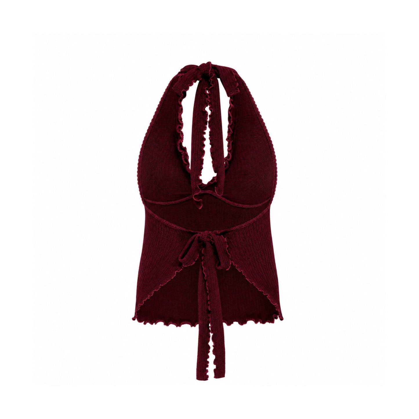 Back of burgundy halter tankini top with long tie straps