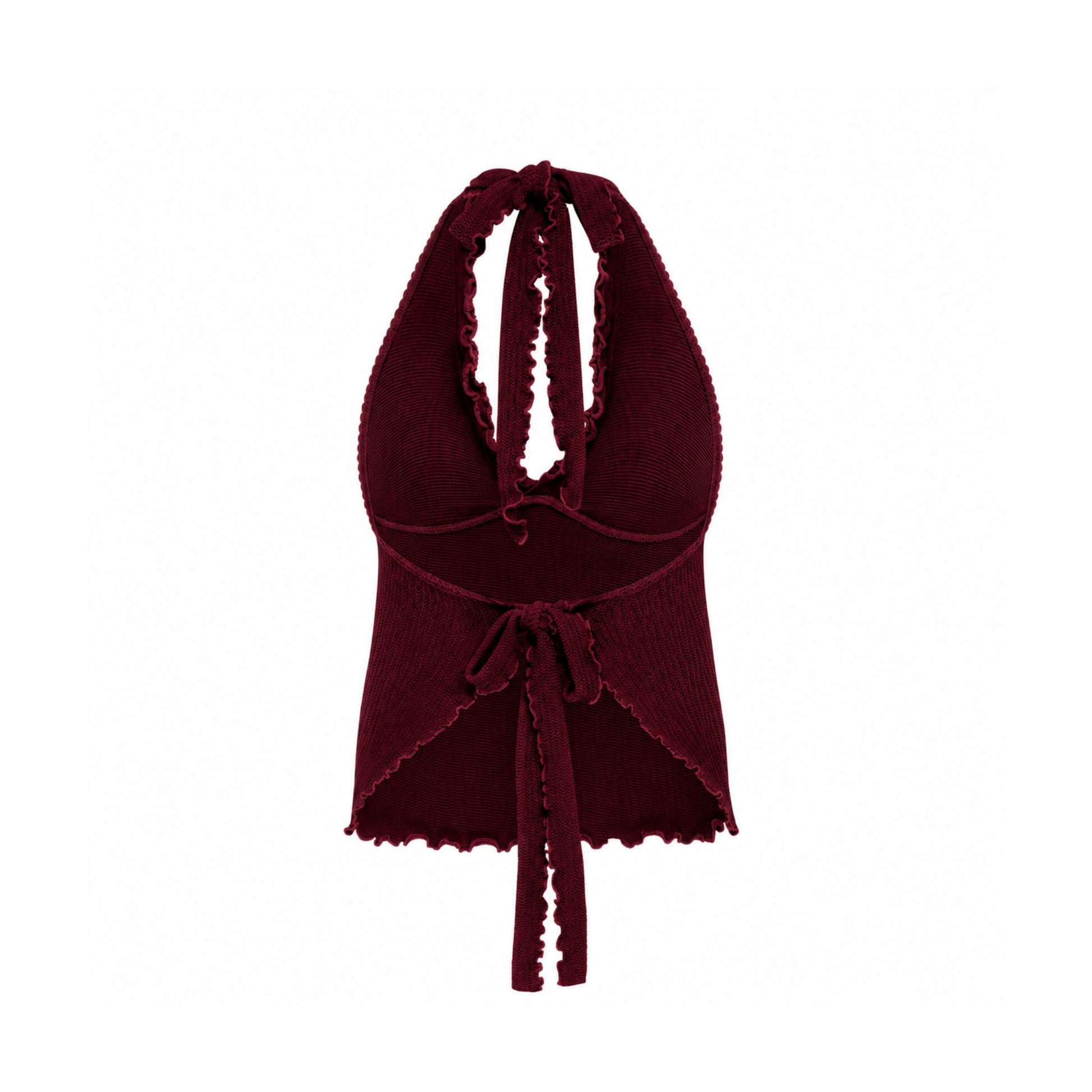 Back of burgundy halter tankini top with long tie straps