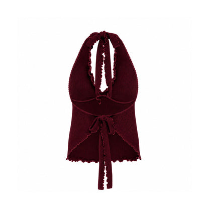 Back of burgundy halter tankini top with long tie straps