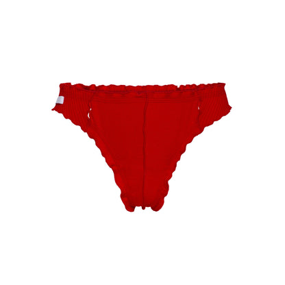 Red ribbed thong with ruffled waistband and V-shaped front