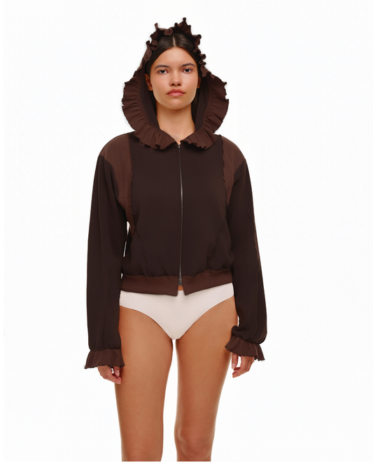 Brown zip-up hoodie with ruffled collar and hood, long sleeves with cuff ruffles