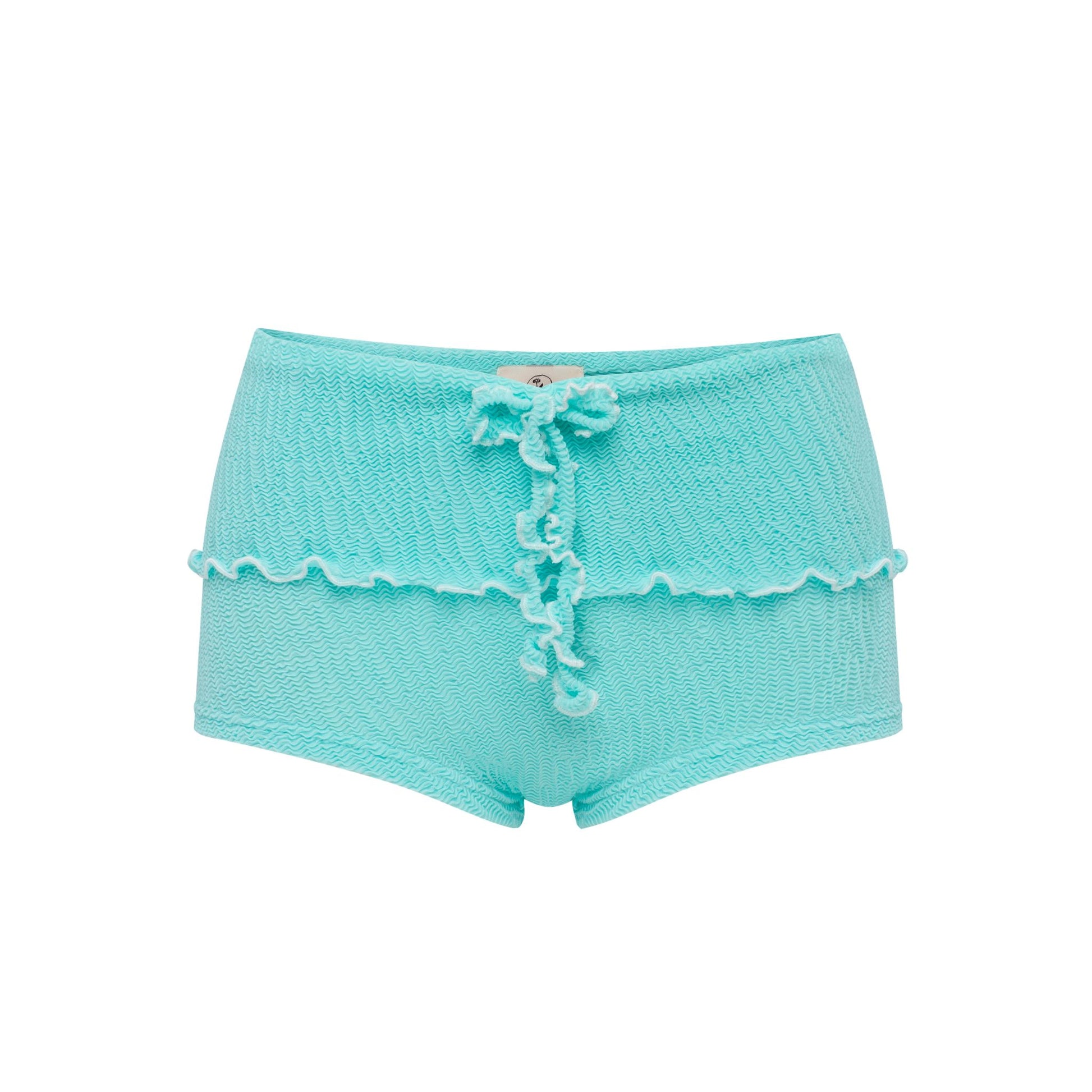 Mint swim shorts with bow detail and scalloped hem