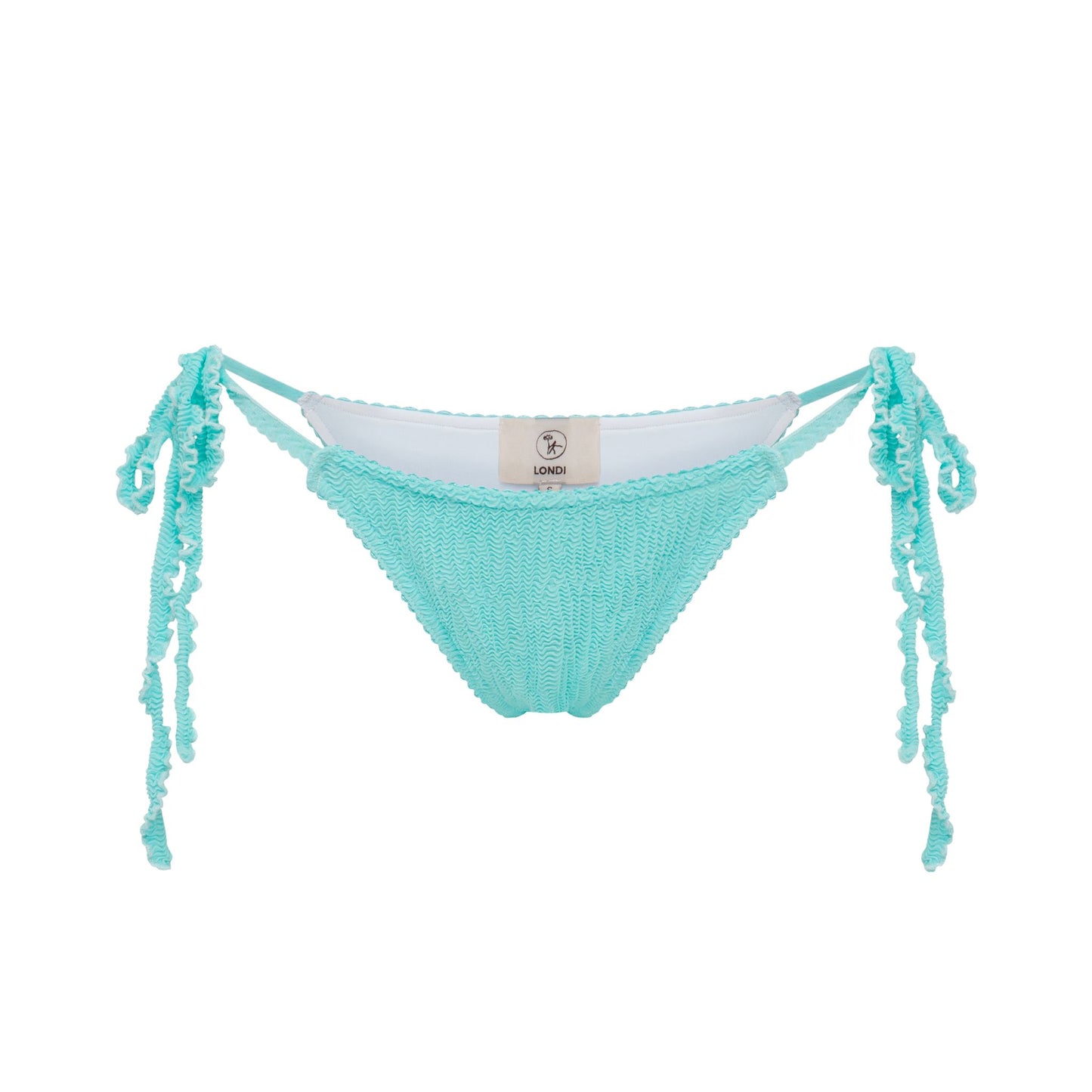 Mint bikini bottom with side tie tassels and ruched bikini cut