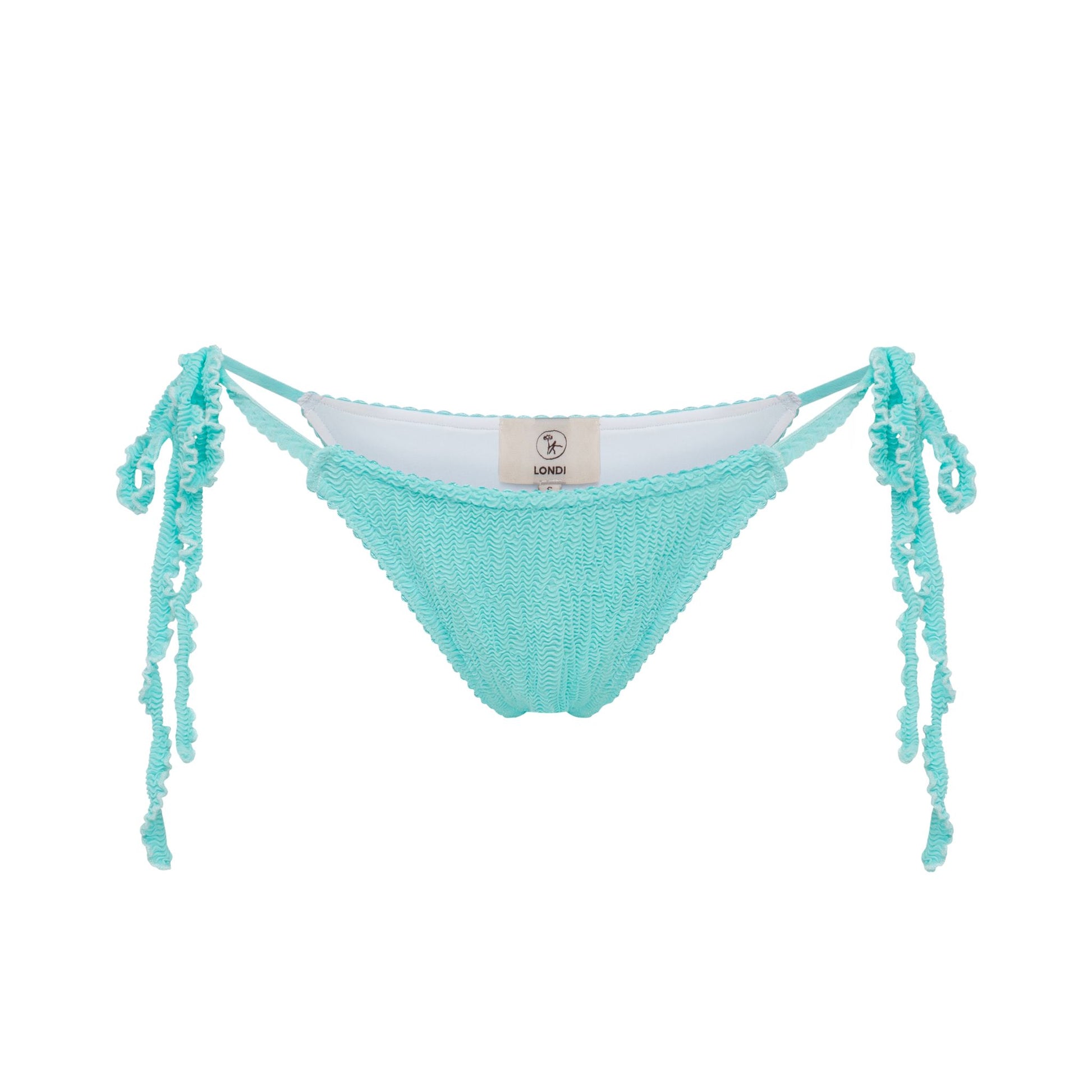 Mint bikini bottom with side tie tassels and ruched bikini cut
