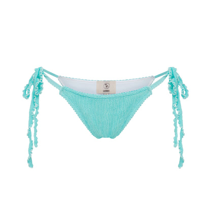 Mint bikini bottom with side tie tassels and ruched bikini cut